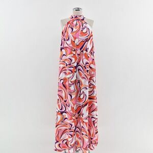 Express Halter Maxi Dress Size‎ M Groovy Dopamine Funky Pink Orange Purple Swirl